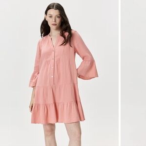 Quince 100% Organic Cotton Gauze Long Sleeve Tiered Mini Dress- M